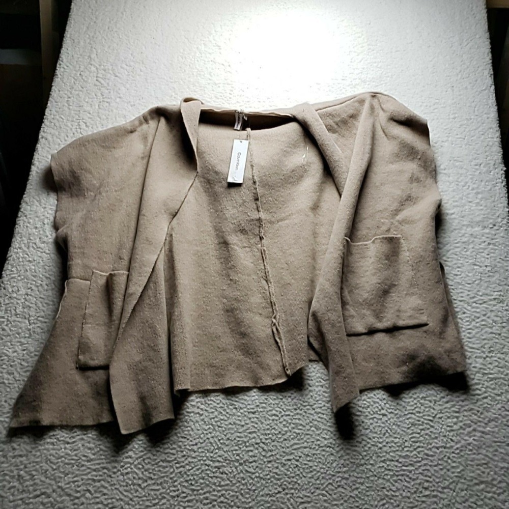 Calvin Klein Cardigan Sweater Womens One Size Beige‎ Hooded Open Knit Pockets